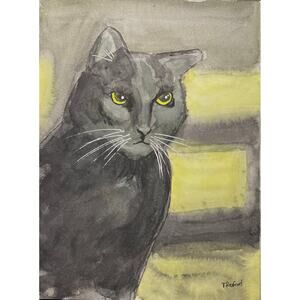 Hand painted watercolor original painting black cat yellow background
